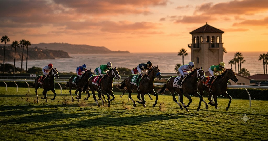 Thoroughbreds racing at Del Mar racetrack near the Pacific coast during the summer meet