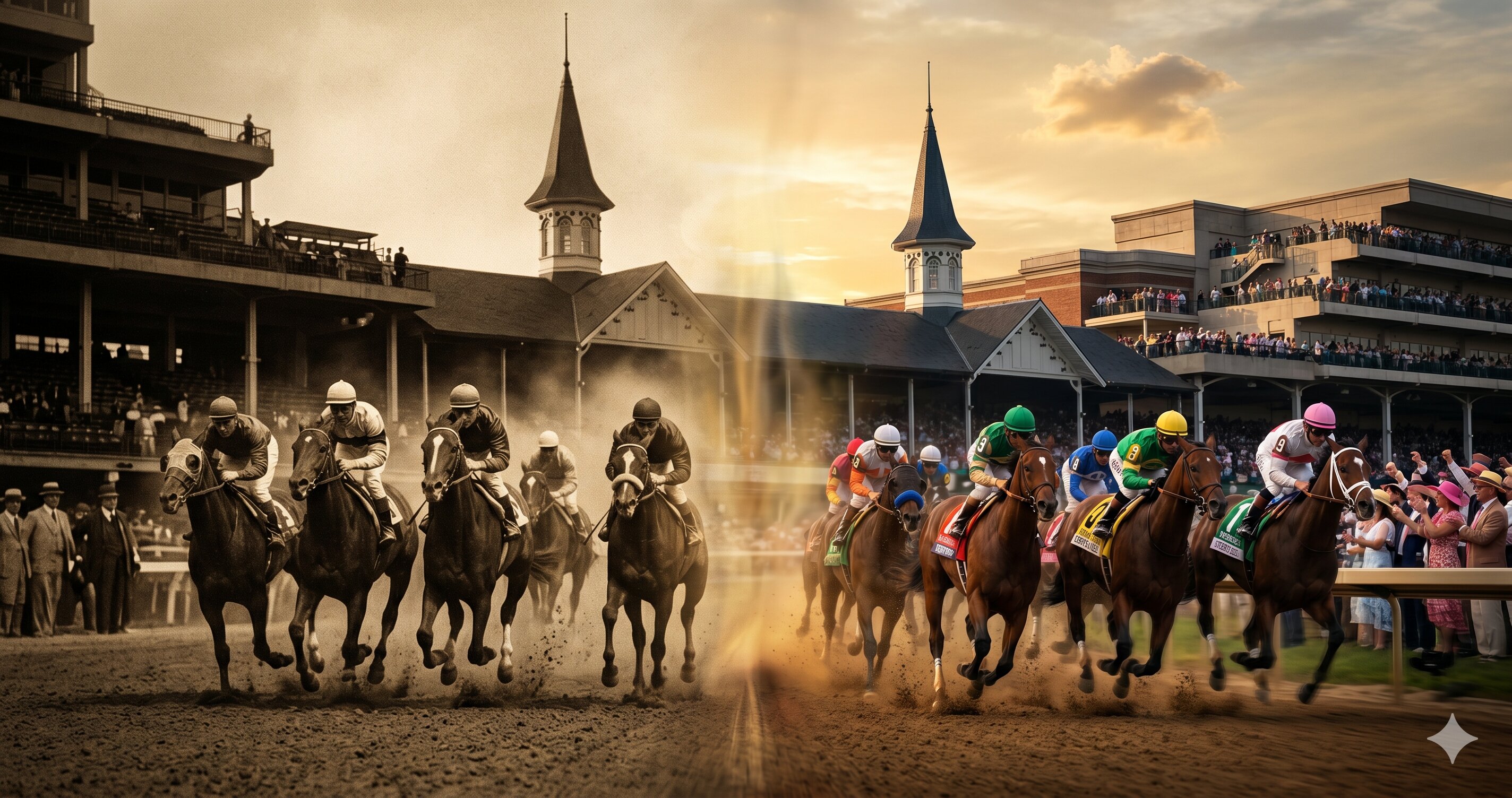 Thoroughbred racehorses thundering down the Churchill Downs stretch at the Kentucky Derby