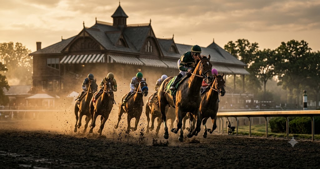 Thoroughbreds racing on the main track at Saratoga Race Course during the summer meet